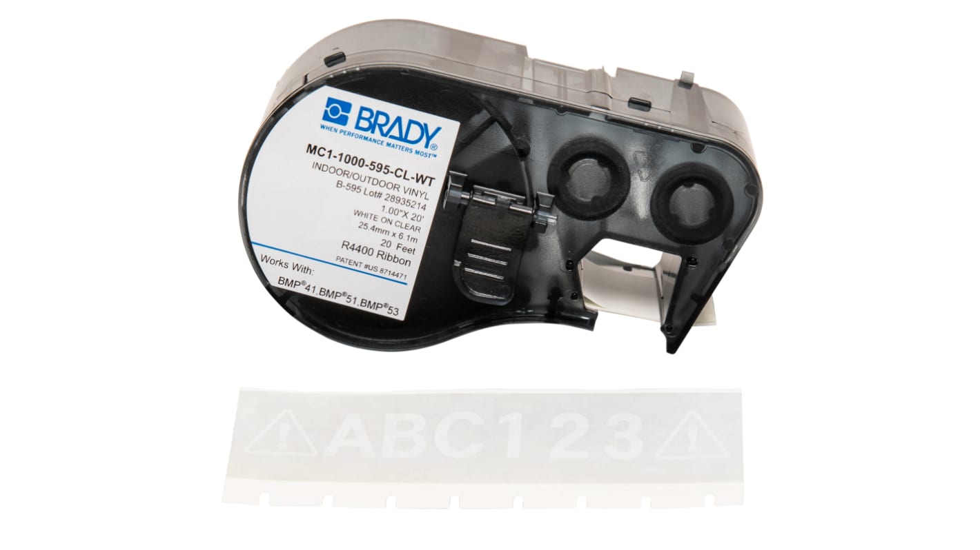 Brady B-595 Vinyl White on Transparent Label Printer Tape, 6.1 m Length, 25.4 mm Width