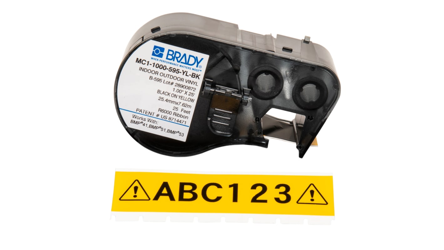 Brady B-595 Vinyl Black on Yellow Label Printer Tape, 7.62 m Length, 25.4 mm Width