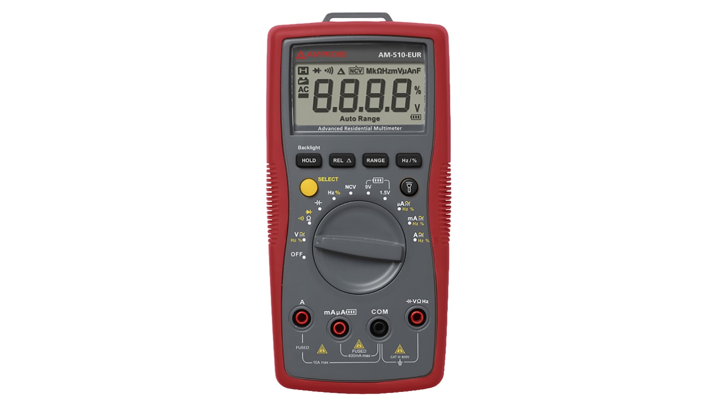 Amprobe AM-510-EUR Handheld Digital Multimeter, 10A ac Max, 10A dc Max, 600V ac Max - RS Calibrated