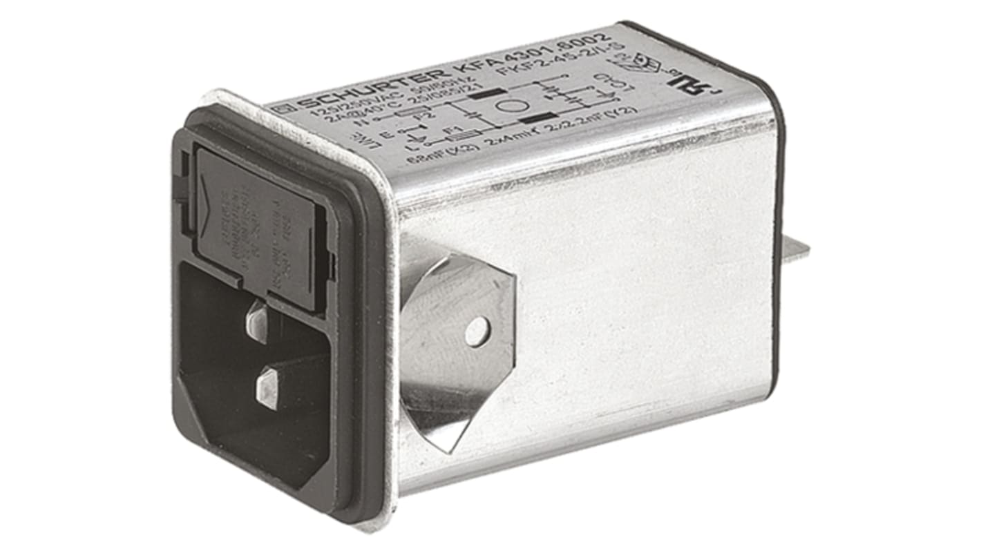 Schurter 2A, 125 V ac, 250 V ac Male Snap-In Filtered IEC Connector 4301.6002, Quick Connect 1, 2 Fuse