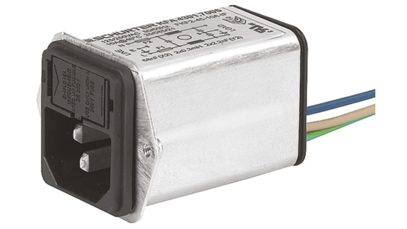 Szűrt IEC-csatlakozó Férfi, C14, Csavar, biztosíték mérete: 5 x 20mm, 2A, 125 V AC, 250 V AC, üzemeltetési frekvencia: