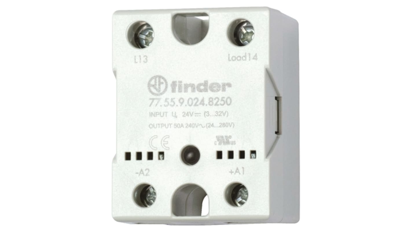 Relé de estado sólido Finder 77, contactos SPST, control 3<arrow/>32 V CC, carga 21,6 → 280V ac, 50 A