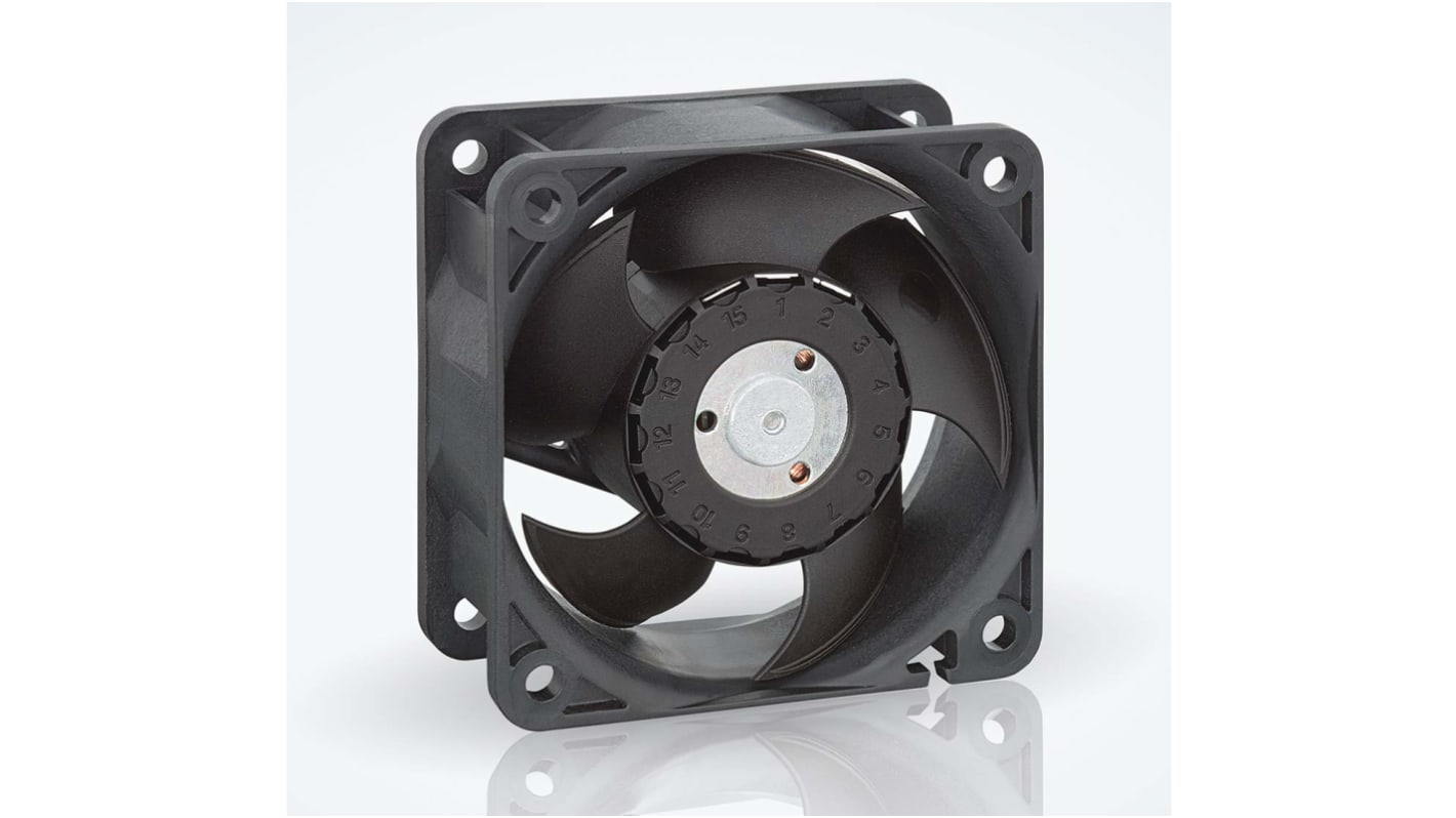 Ventilador Axial ebm-papst 620 de 60 x 60 x 25mm, 24 V dc, 5.6W, 9700rpm, caudal 67m³/h, 48dB, salida Tacómetro, IP20