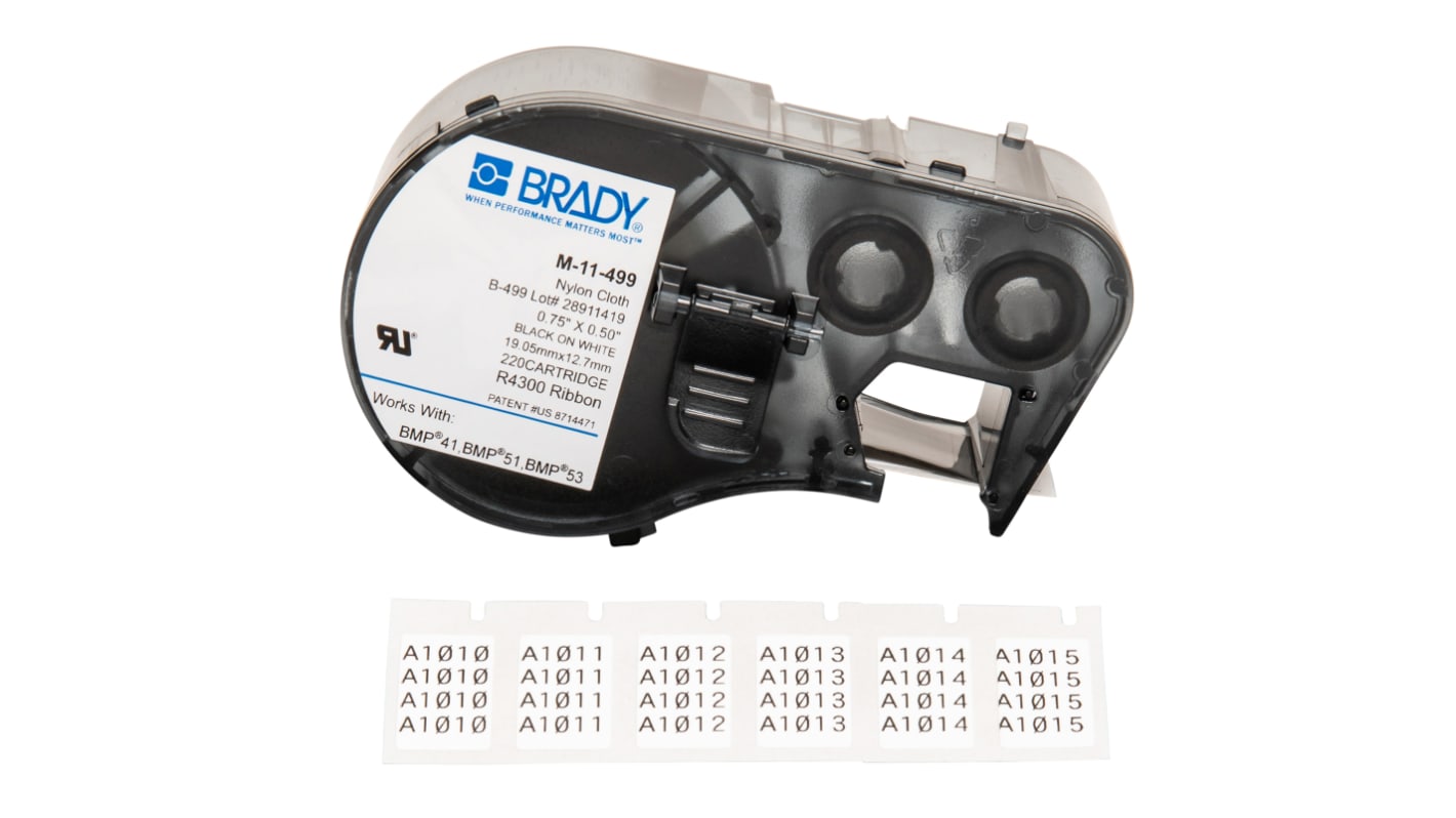 Brady B-499 Nylon Cloth Black on White Label Printer Tape, 12.7 mm Width, 12.7mm Label Length