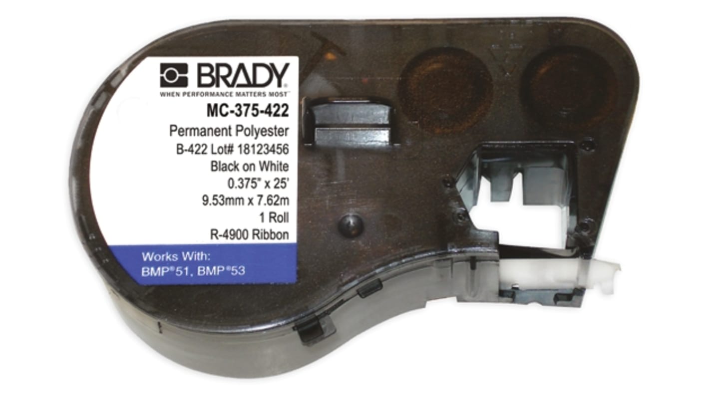 Brady B-422 Black on White Label Printer Tape, 7.62 m Length, 9.53 mm Width, 7.62mm Label Length, 9.53mm Label Width