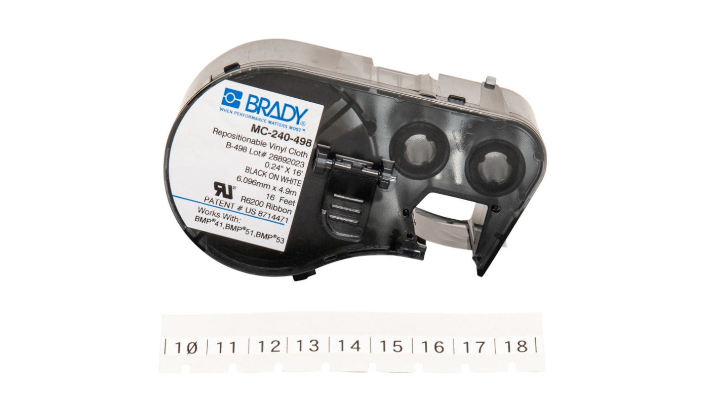 Brady B-498 Repositionable Vinyl Black on White Label Printer Tape, 4.88 m Length, 6.1 mm Width, 4.88mm Label Length,