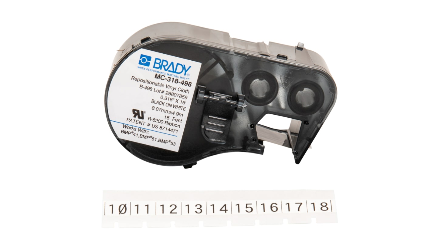 Brady B-498 Repositionable Vinyl Black on White Label Printer Tape, 4.88 m Length, 8.08 mm Width, 4.88mm Label Length,