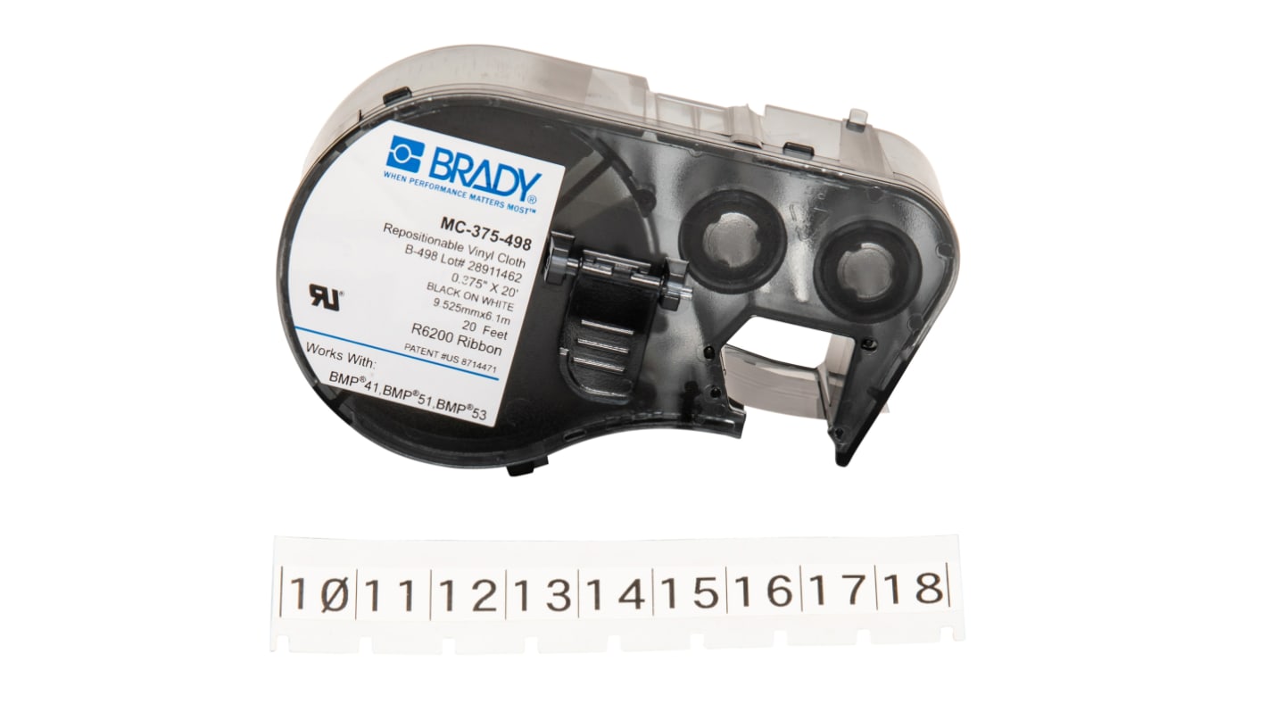 Brady B-498 Repositionable Vinyl Black on White Label Printer Tape, 6.1 m Length, 9.53 mm Width, 6.1mm Label Length,