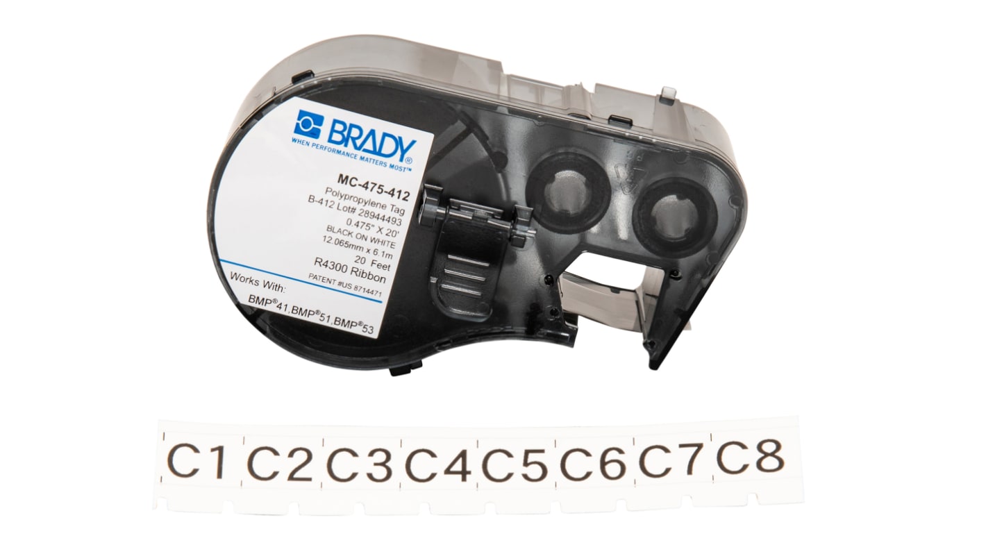 Brady B-412 Non-Adhesive Slide-in Strips Black on White Label Printer Tape, 6.1 m Length, 12 mm Width, 6.1mm Label