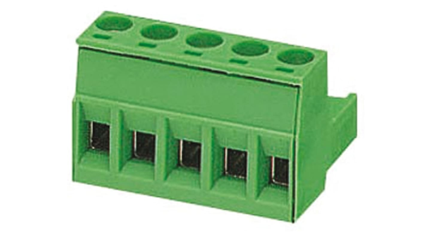 Borne enchufable para PCB Hembra Ángulo recto Phoenix Contact de 5 vías, paso 5mm, 12A, de color Verde, montaje De