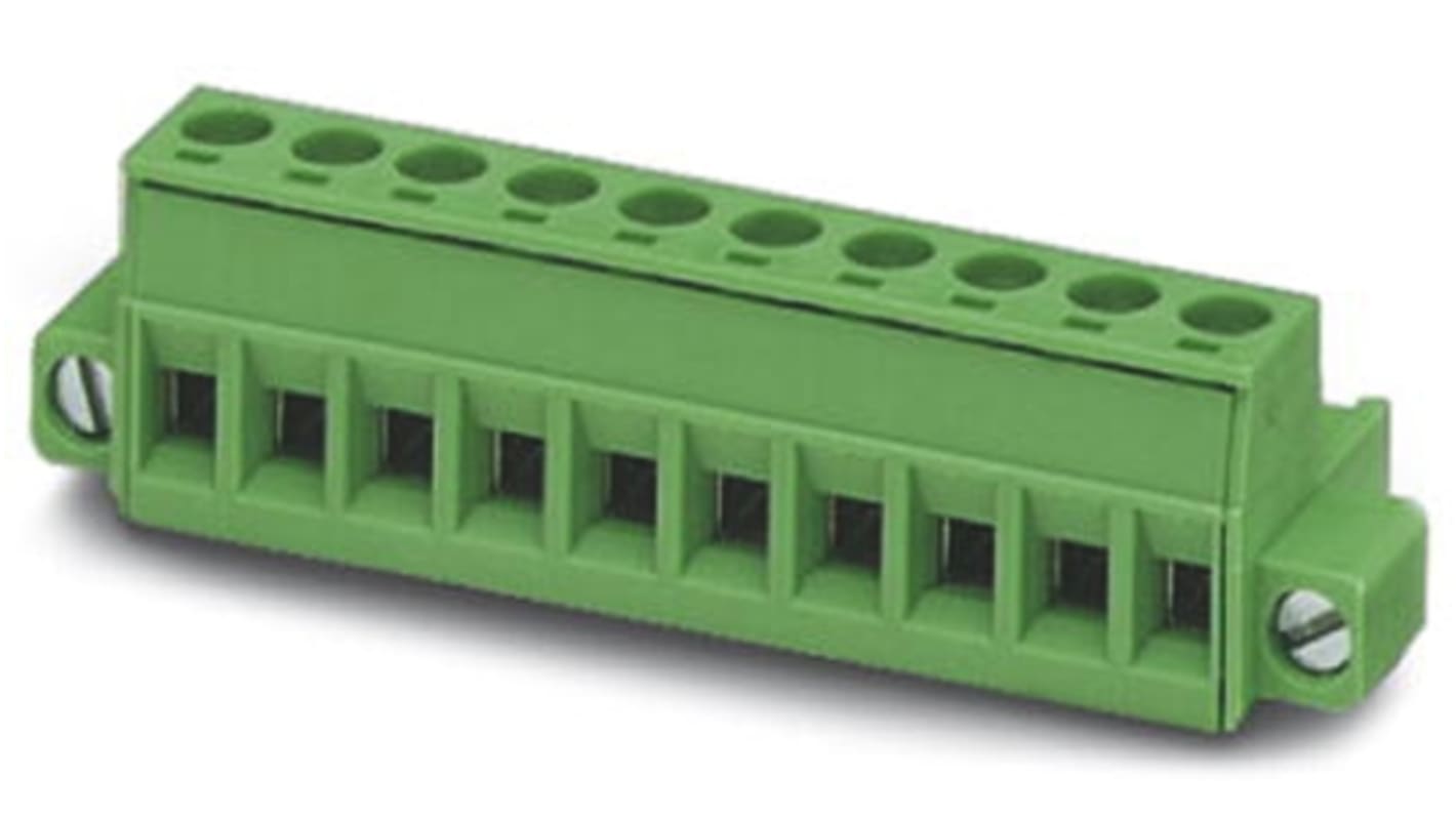 Bloque de terminal PCB Hembra Ángulo recto Phoenix Contact de 14 vías, paso 5.08mm, 12A, de color Verde, montaje De