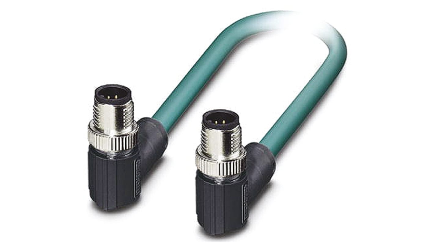 Phoenix Contact Cat5 Right Angle Male M12 to Right Angle Male M12 Ethernet Cable, Blue PUR Sheath, 5m