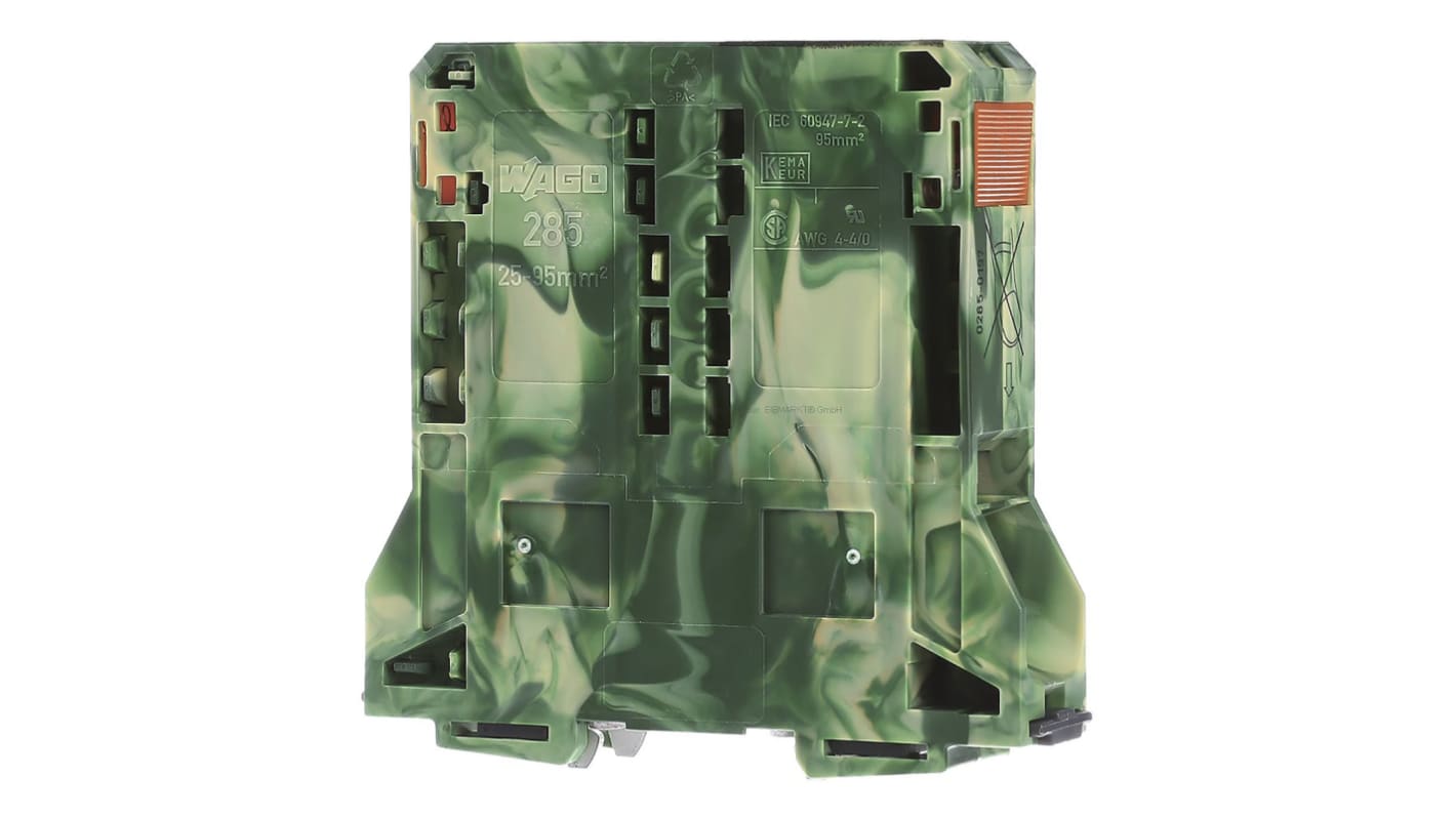 Wago 285 Series Green/Yellow Earth Terminal Block, 95mm², Single-Level, Power Cage Clamp Termination