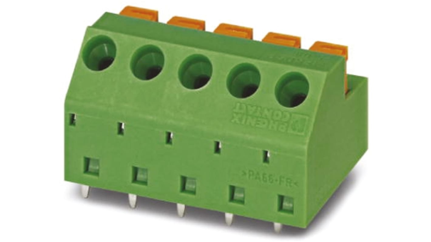 Borne para PCB Macho Ángulo de 90° Phoenix Contact de 6 vías , paso 5.08mm, 12A, de color Verde, montaje Montaje en