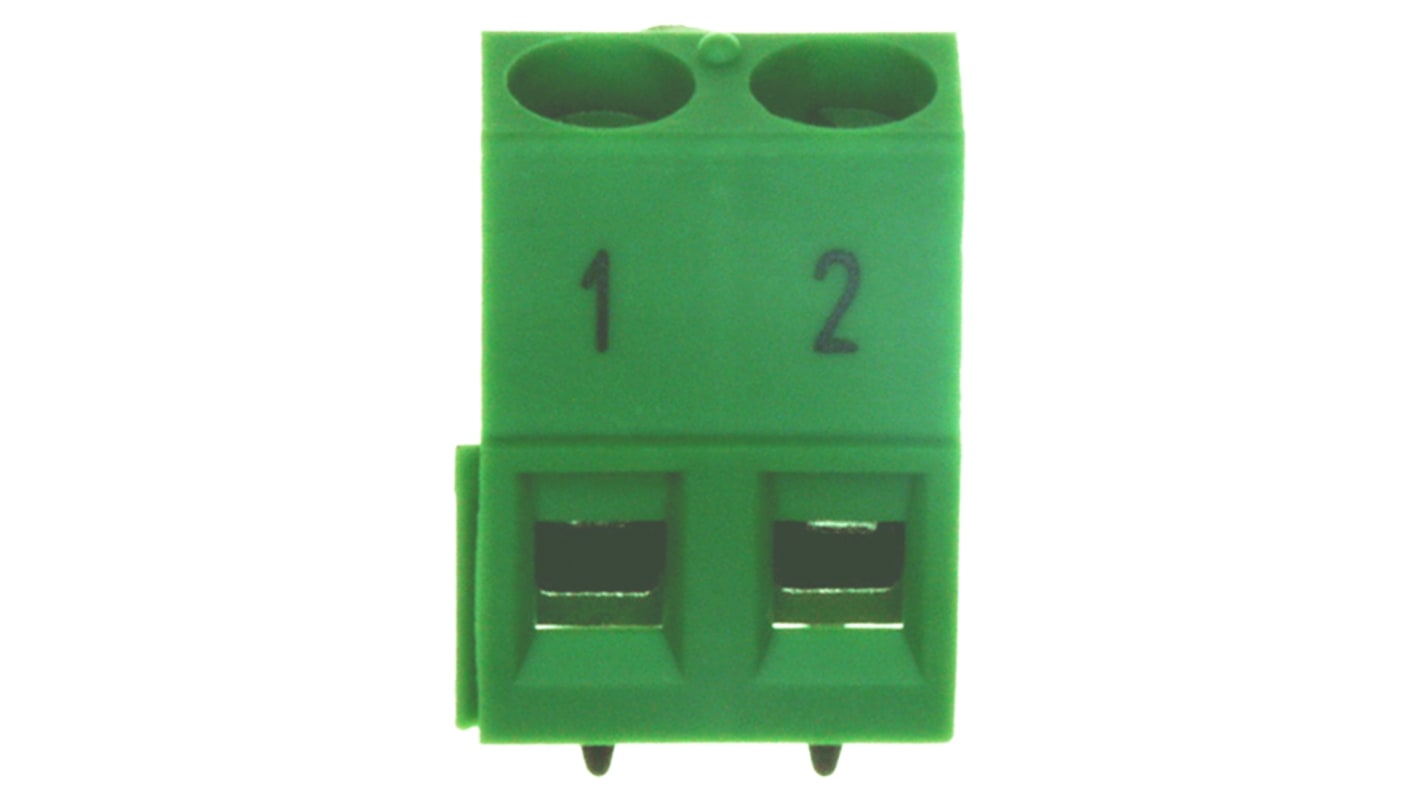 Bloque de terminal PCB Macho Ángulo recto Phoenix Contact de 2 vías, paso 5.08mm, 17.5A, de color Verde, montaje