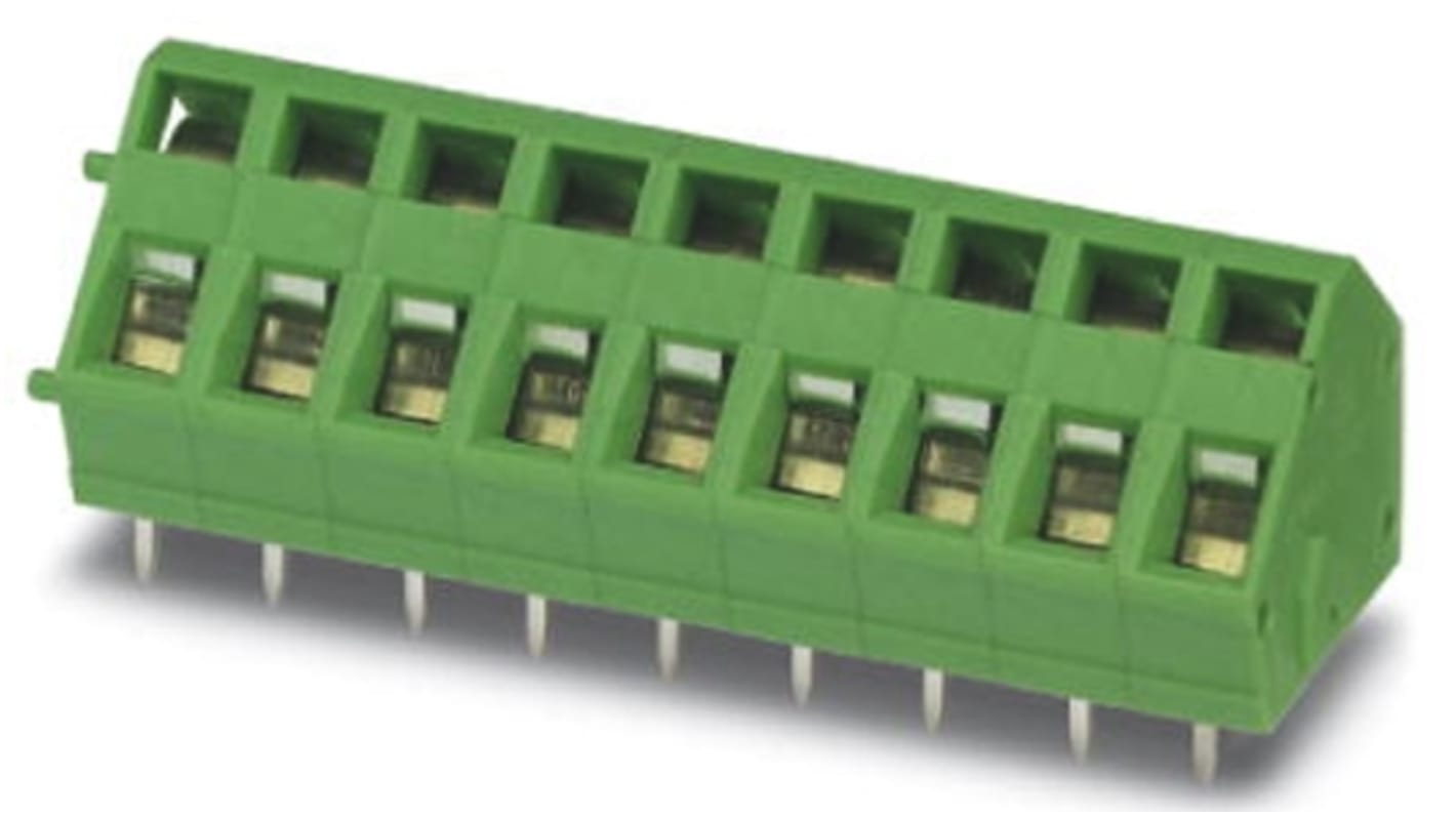 Borne para PCB Macho Phoenix Contact de 1 vía , paso 5mm, 16A, de color Verde, montaje Montaje en orificio pasante,