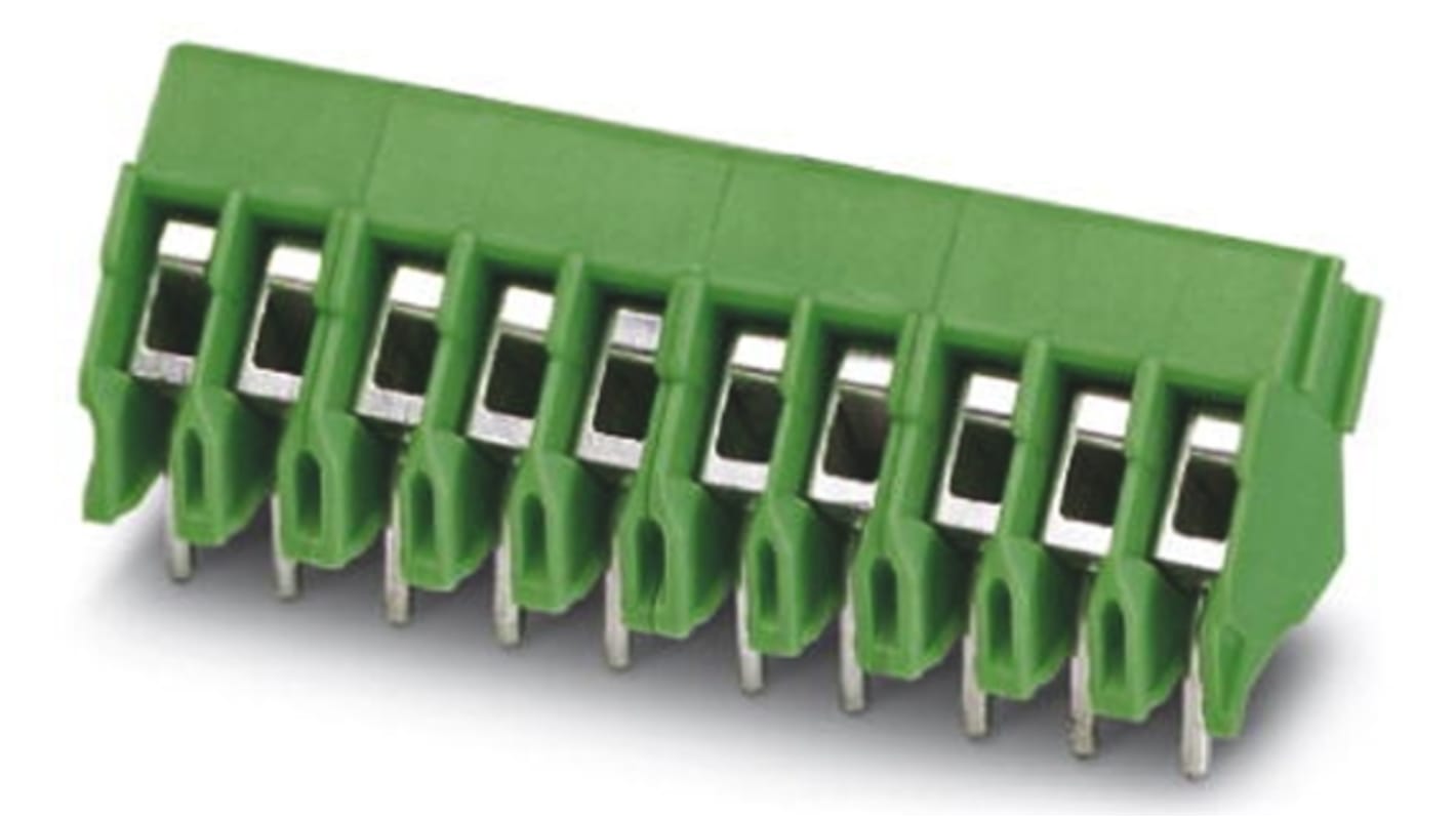 Borne para PCB Macho Phoenix Contact de 2 vías , paso 3.5mm, 17.5A, de color Verde, montaje Montaje en orificio