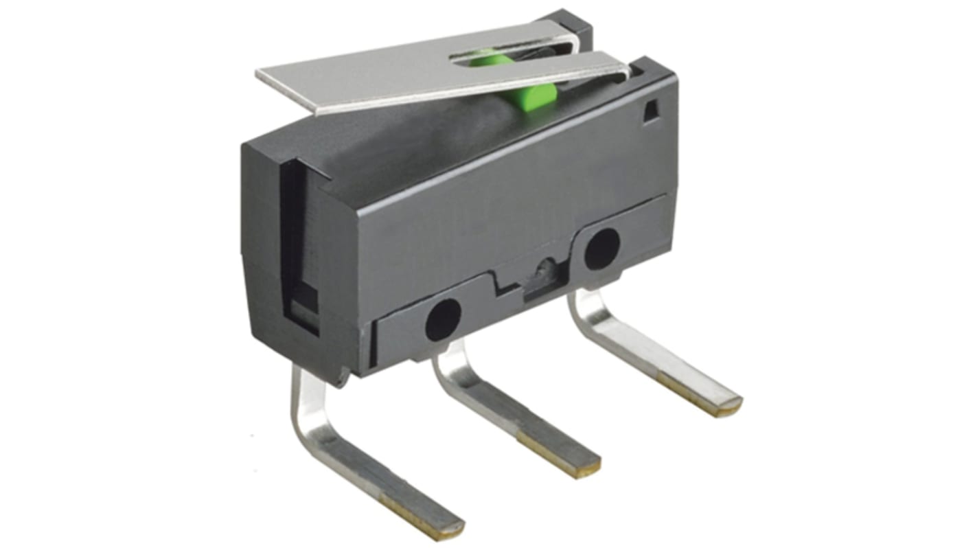 Omron Hinge Lever Micro Switch, Right Angle PCB Terminal, 100 mA @ 5 V dc, SPST, IP40