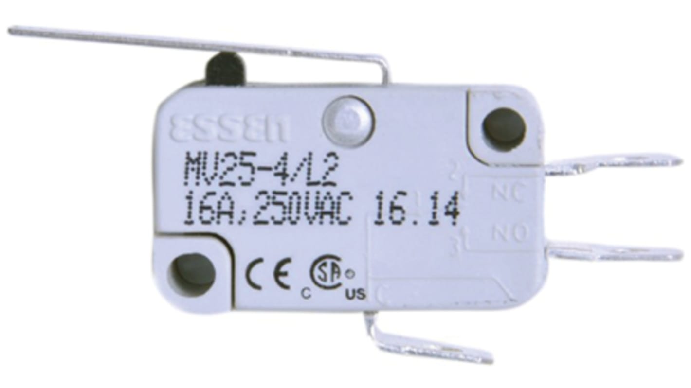 RS PRO Mikroschalter Langhebel gerade-Betätiger Lötanschluss, 16 A @ 250 V ac, 1-poliger Wechsler 250 g -55°C - +85°C