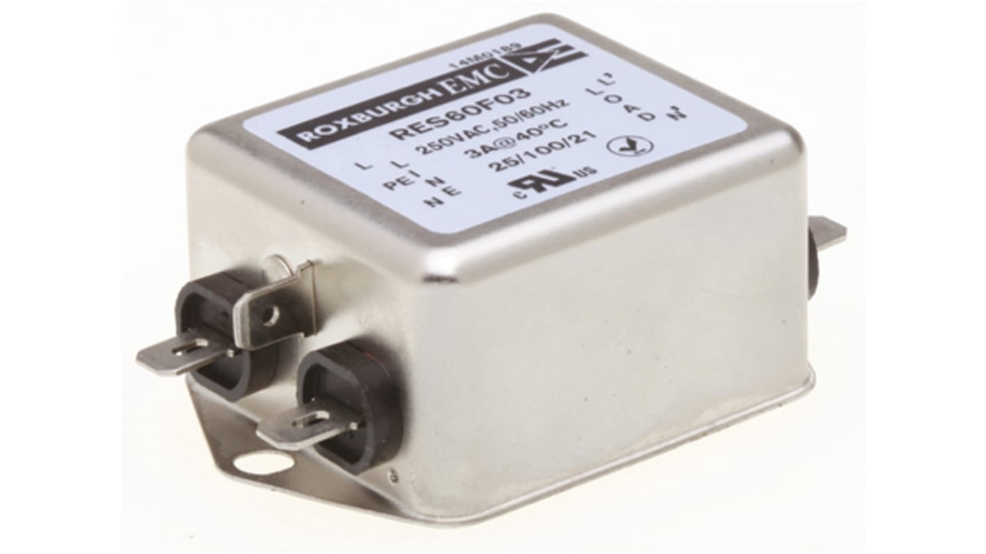 Roxburgh EMC RES60 Entstörfilter, 250 V ac, 3A, Gehäusemontage, Flachstecker, 1-phasig 0,74 mA / DC → 400Hz