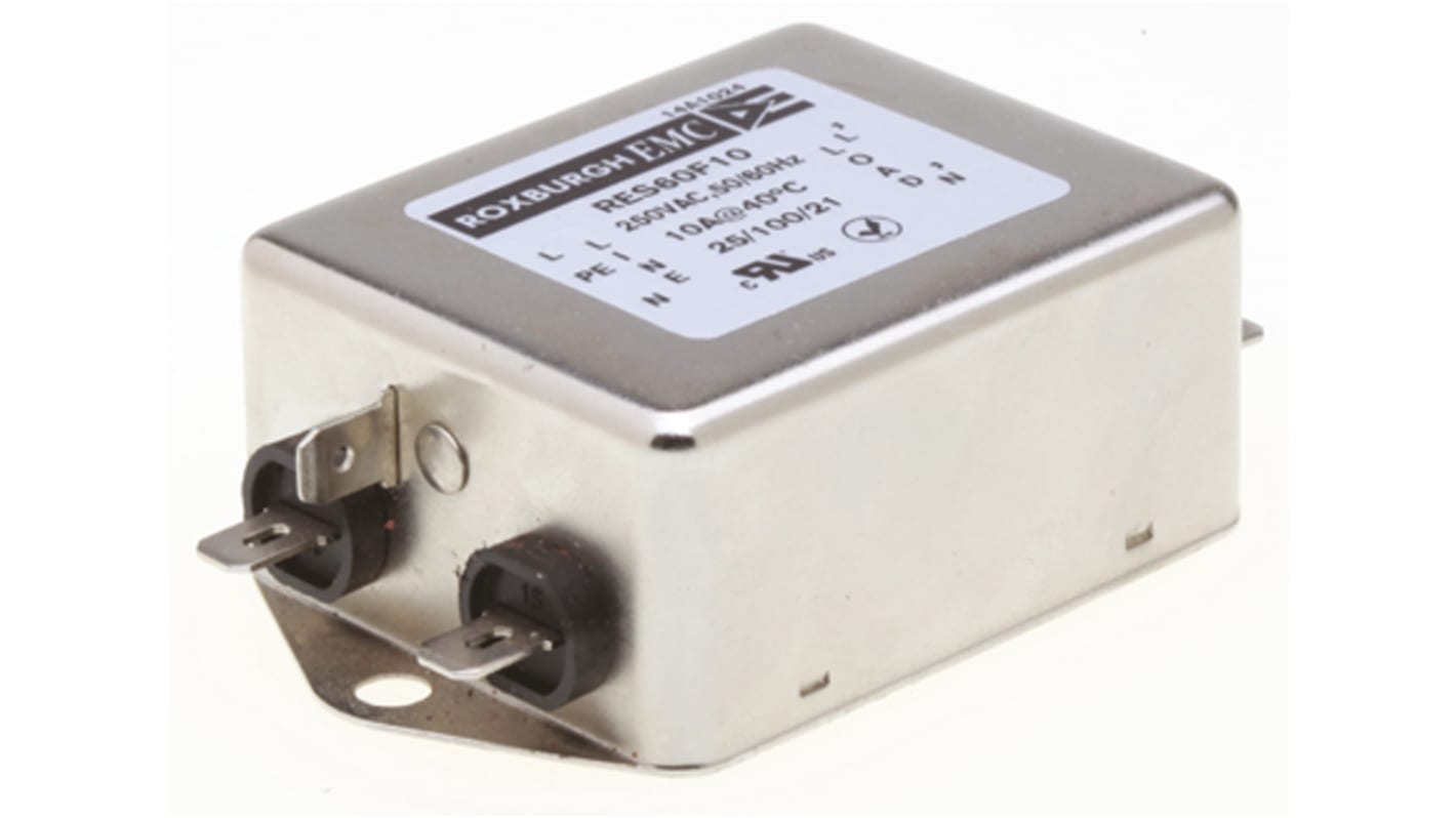 Filtr RFI 10A 1-fazowy 470kΩ 250 V AC DC → 400Hz 1,6 mH Roxburgh EMC Montaż w obudowie