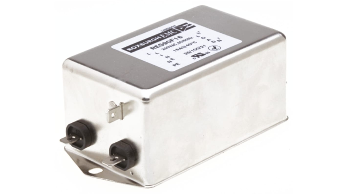 Roxburgh EMC 3 μF, 22nF RFI-szűrő 16A, 250 V AC, DC → 60Hz, Sasszira szerelhető 8 mH, lezárás: Fast-On 1,02 mA,
