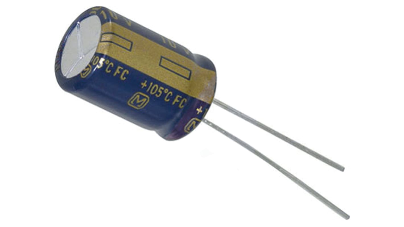 Condensador electrolítico Panasonic serie FC Radial, 10μF, ±20%, 100V dc, mont. pasante, 6.3 x 11.2mm, paso 2.5mm