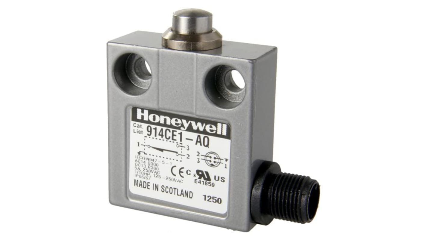 Honeywell 14CE, 914CE Series Plunger Limit Switch, NO/NC, IP66, IP67, IP68, SPDT, Die Cast Zinc Housing, 250V ac Max,