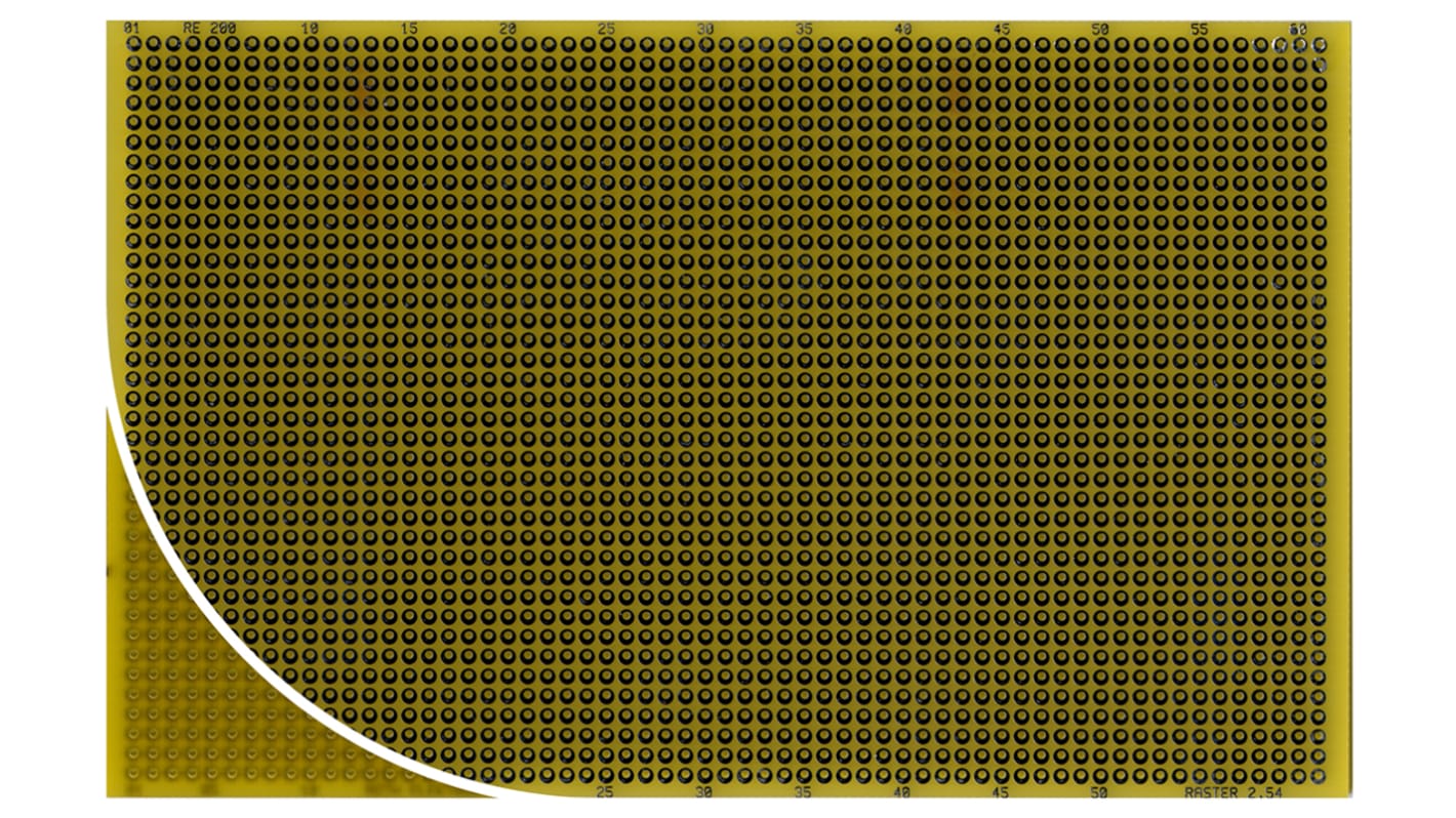 RE200-DSPT, Double Sided Eurocard PCB FR4 With 38 x 61 1mm Holes, 2.54 x 2.54mm Pitch, 160.15 x 100.2 x 1.5mm