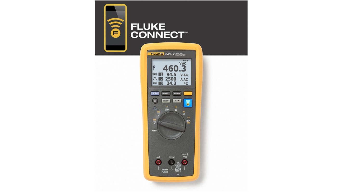 Fluke 3000 FC Hand LCD Digital-Multimeter, CAT III, CAT IV 1000V ac / 400mA ac, 50MΩ, DKD/DAkkS-kalibriert