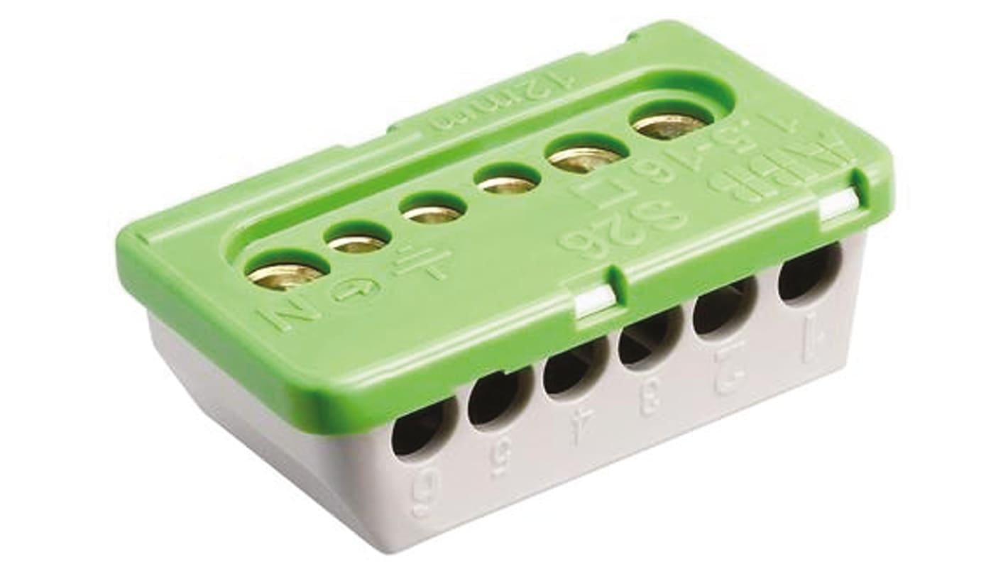 Clema Entrelec MISTRAL65 de 6 vías, para cable de 6 mm², 16 mm², 100A, Tornillo, de color Verde