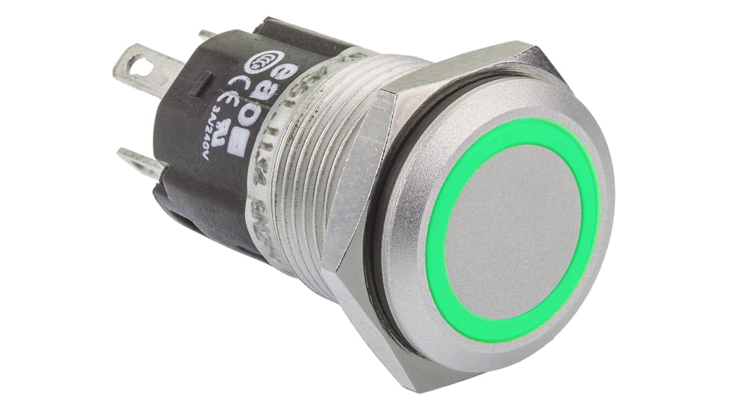 EAO 82 Series Illuminated Push Button Switch, Momentary, Panel Mount, 16mm Cutout, SPDT, Green LED, 250V, IP65, IP67