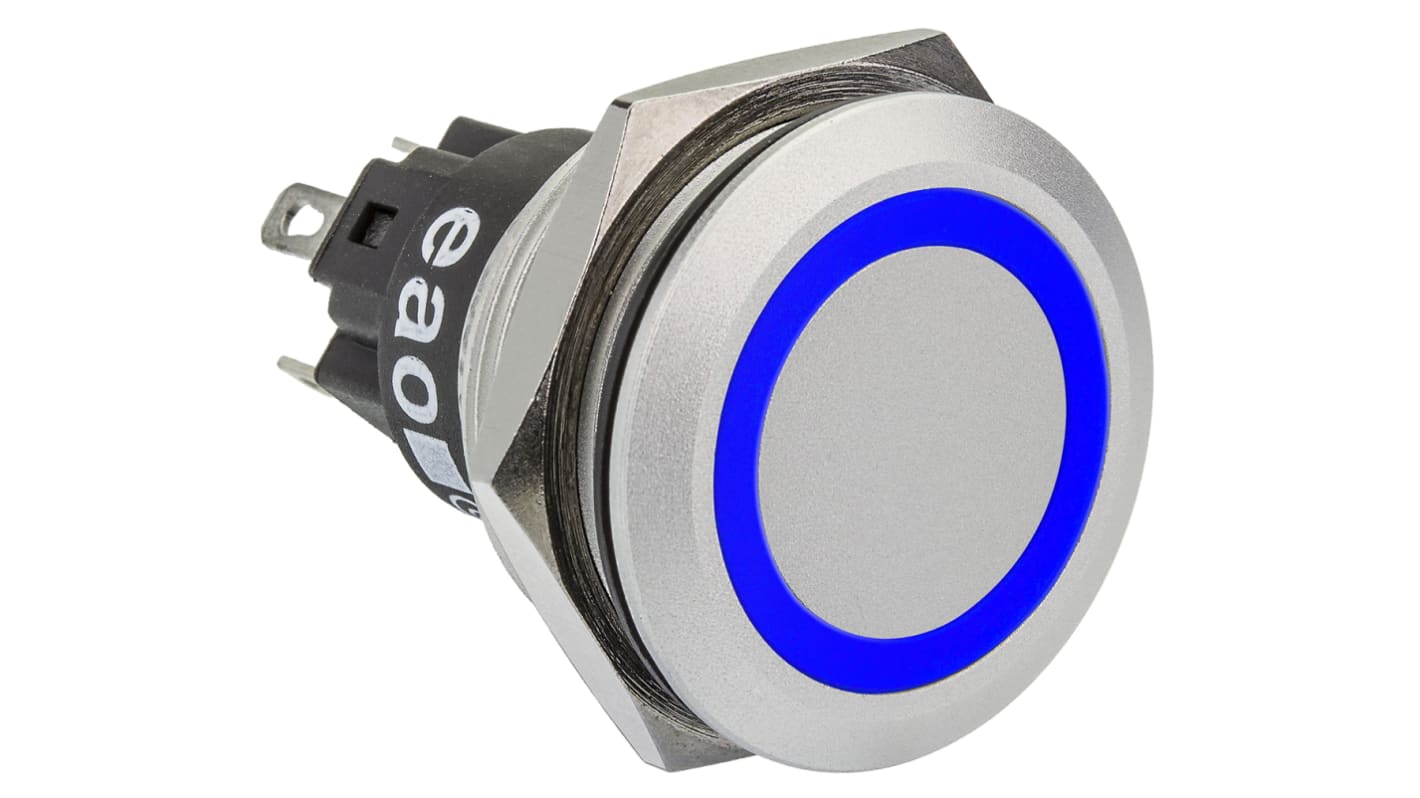 EAO 82 Series Illuminated Push Button Switch, Momentary, Panel Mount, 22.3mm Cutout, SPDT, Blue LED, 240V, IP65, IP67