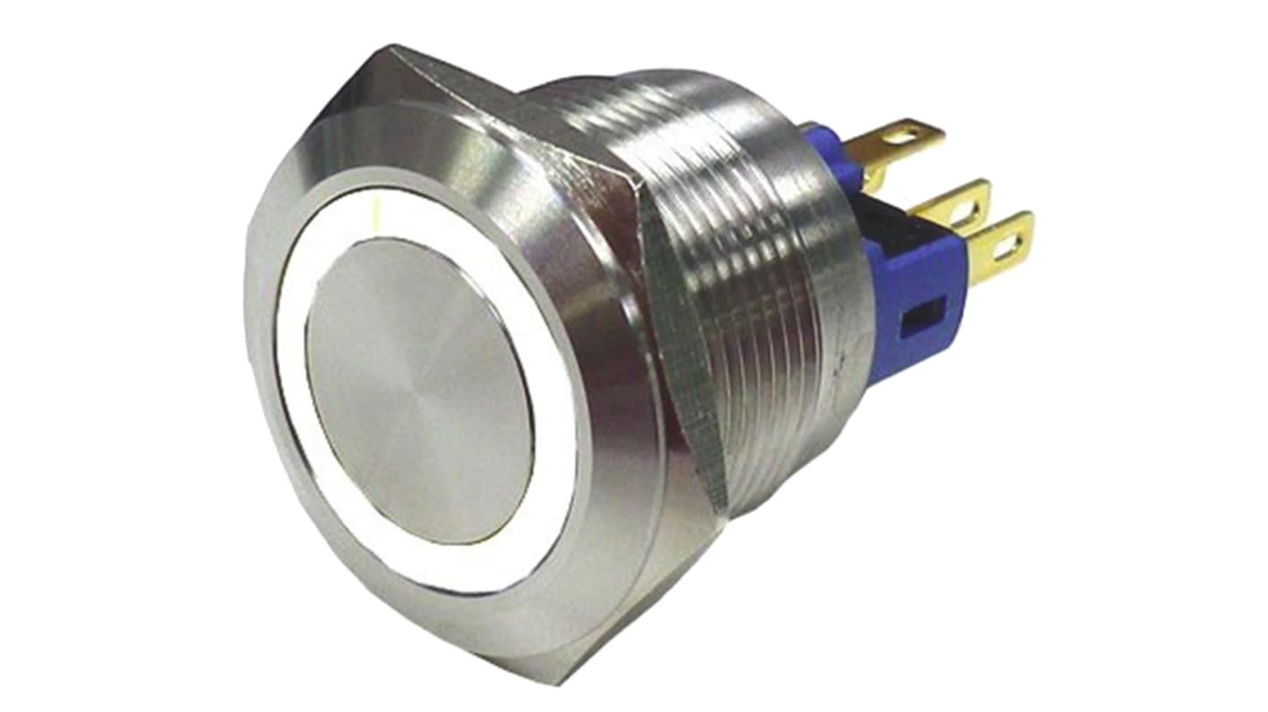 Interruptor de Botón Pulsador RS PRO, color de botón Plata, SPDT, Enclavamiento, 3 A a 250 V ac, 250V ac, Montaje en