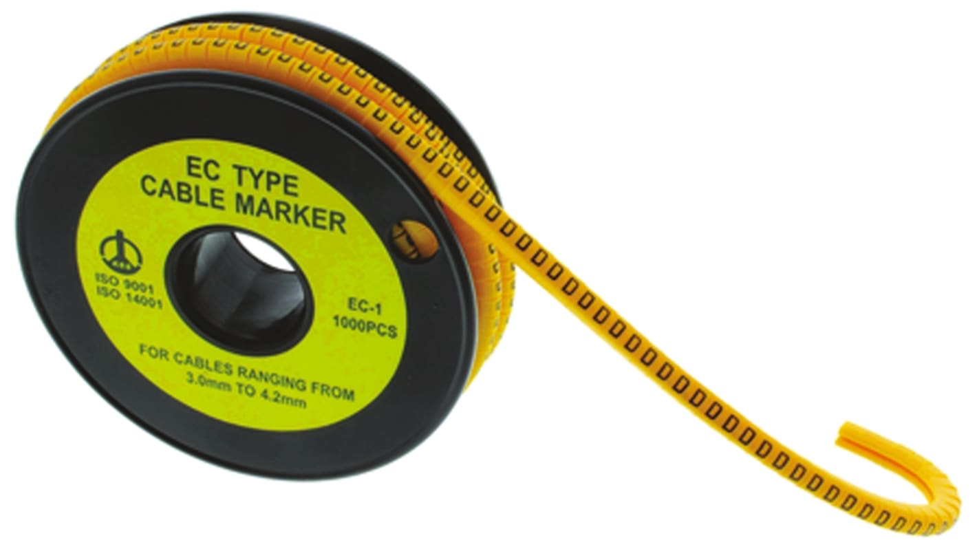 RS PRO Slide On Cable Markers, Black on Yellow, Pre-printed "+", 3 → 4.2mm Cable
