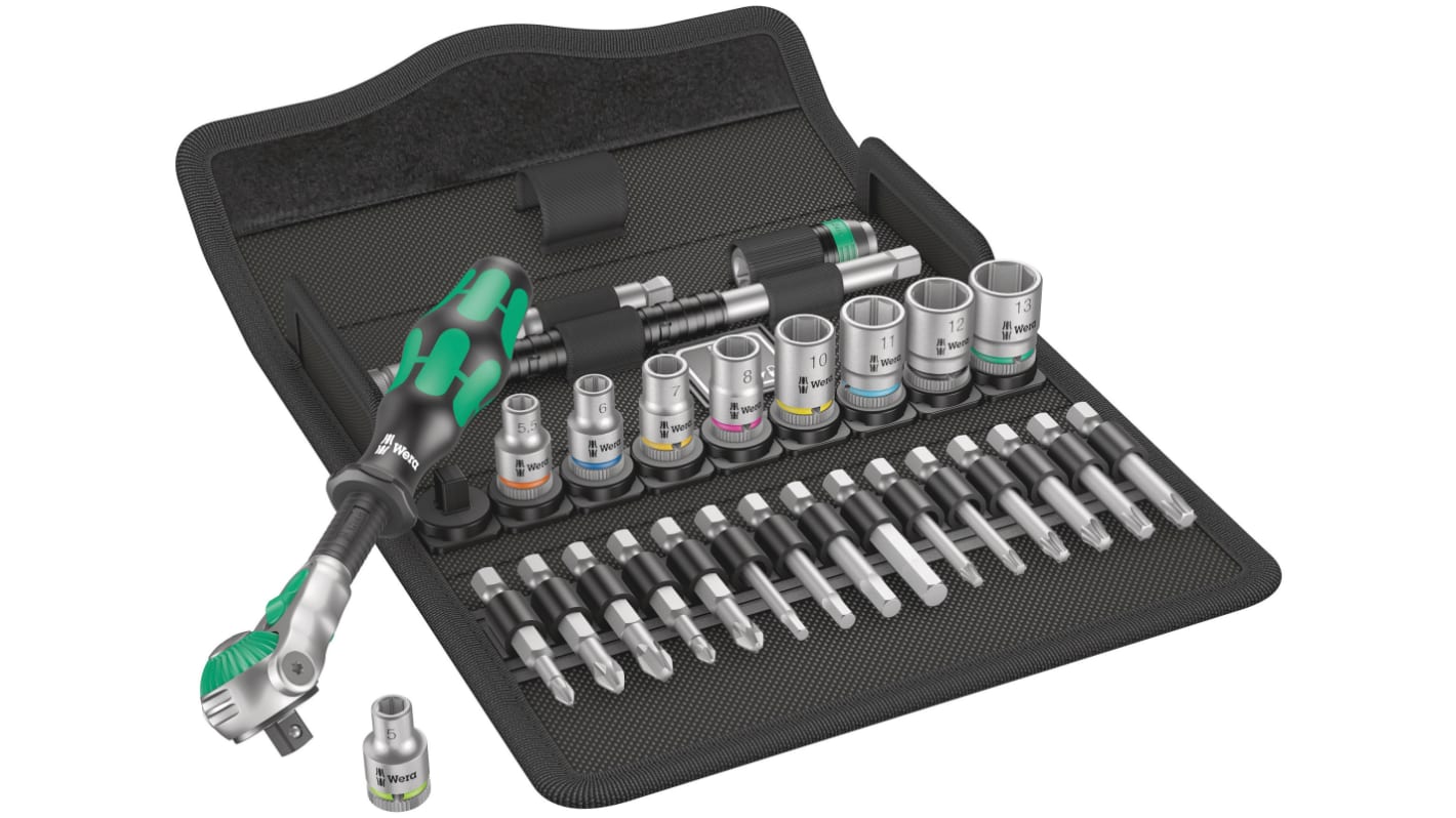 Wera 28-Piece Metric 1/4 in Standard Socket/Bit Set with Ratchet, 6 point; Hex Bit; Phillips Bit; Pozidriv Bit; Torx Bit