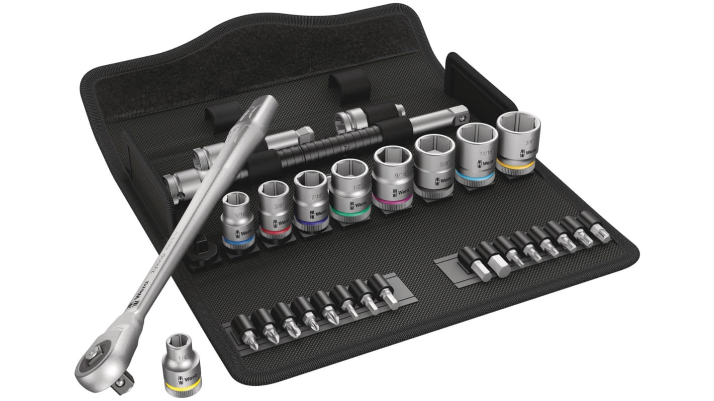 Wera 29-Piece Imperial 3/8 in Standard Socket/Bit Set with Ratchet, 6 point; Hex Bit; Phillips Bit; Pozidriv Bit; Torx