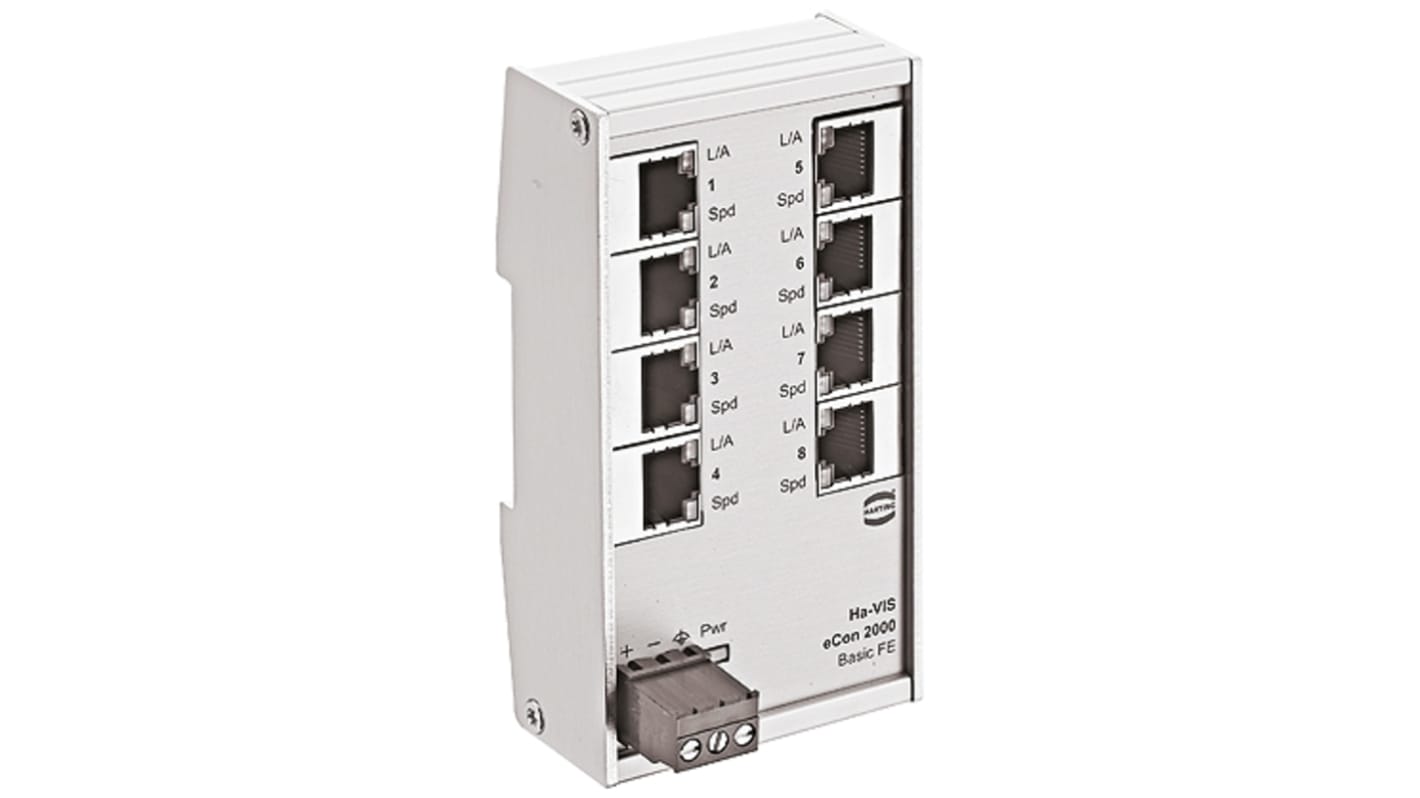 HARTING Ethernet-Switch, 8 x RJ45 / 10/100Mbit/s, bis 100m für DIN-Schienen, 24V dc