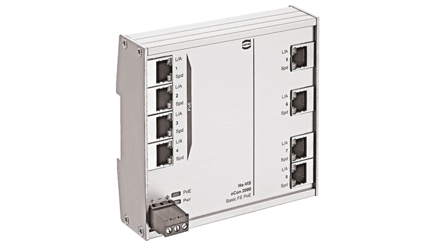 HARTING Ethernet-Switch, 8 x RJ45 / 10/100Mbit/s, bis 100m für DIN-Schienen, 54V dc