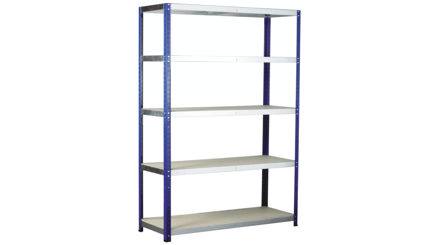 RS PRO Blue 5 Shelf Chipboard, Galvanised Steel Eco-Rax Shelving System, 1800mm x 1200mm, 600mm, 265kg Load