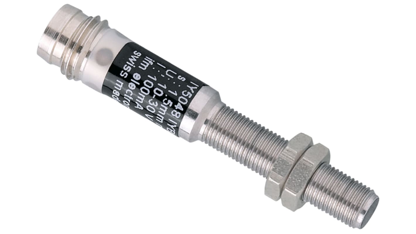 Sensor de proximidad ifm electronic, M5 x 0.5, alcance 1,5 mm, salida PNP, 10 → 30 V dc, IP67, 1.8kHz