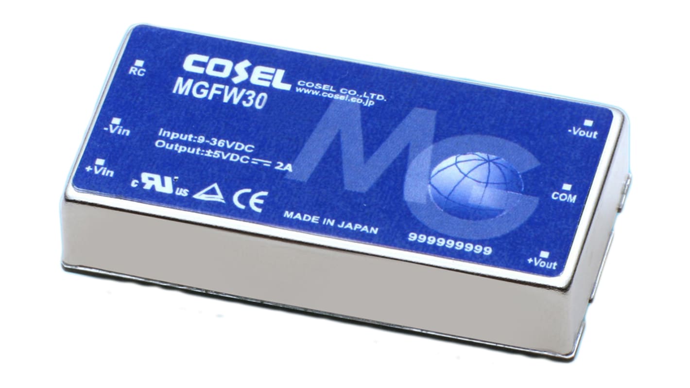 Cosel DC-DC Converter, ±15V dc/ 1A Output, 18 → 76 V dc Input, 30W, Through Hole, +85°C Max Temp -40°C Min Temp