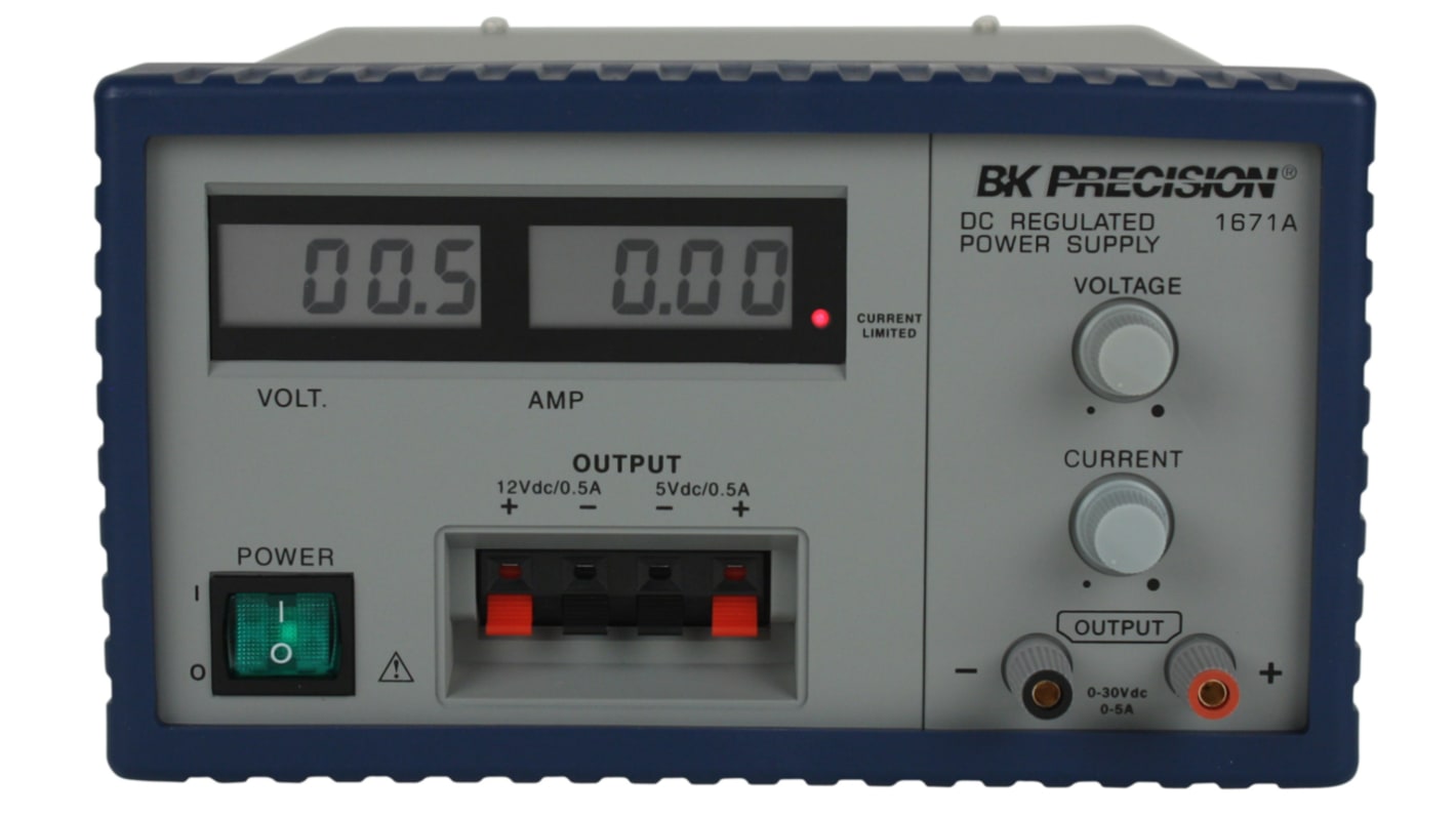 BK Precision 1671A Series Digital Bench Power Supply, 5V, 0 → 5 A, 2 x 0 → 500mA, 3-Output, 158W - UKAS