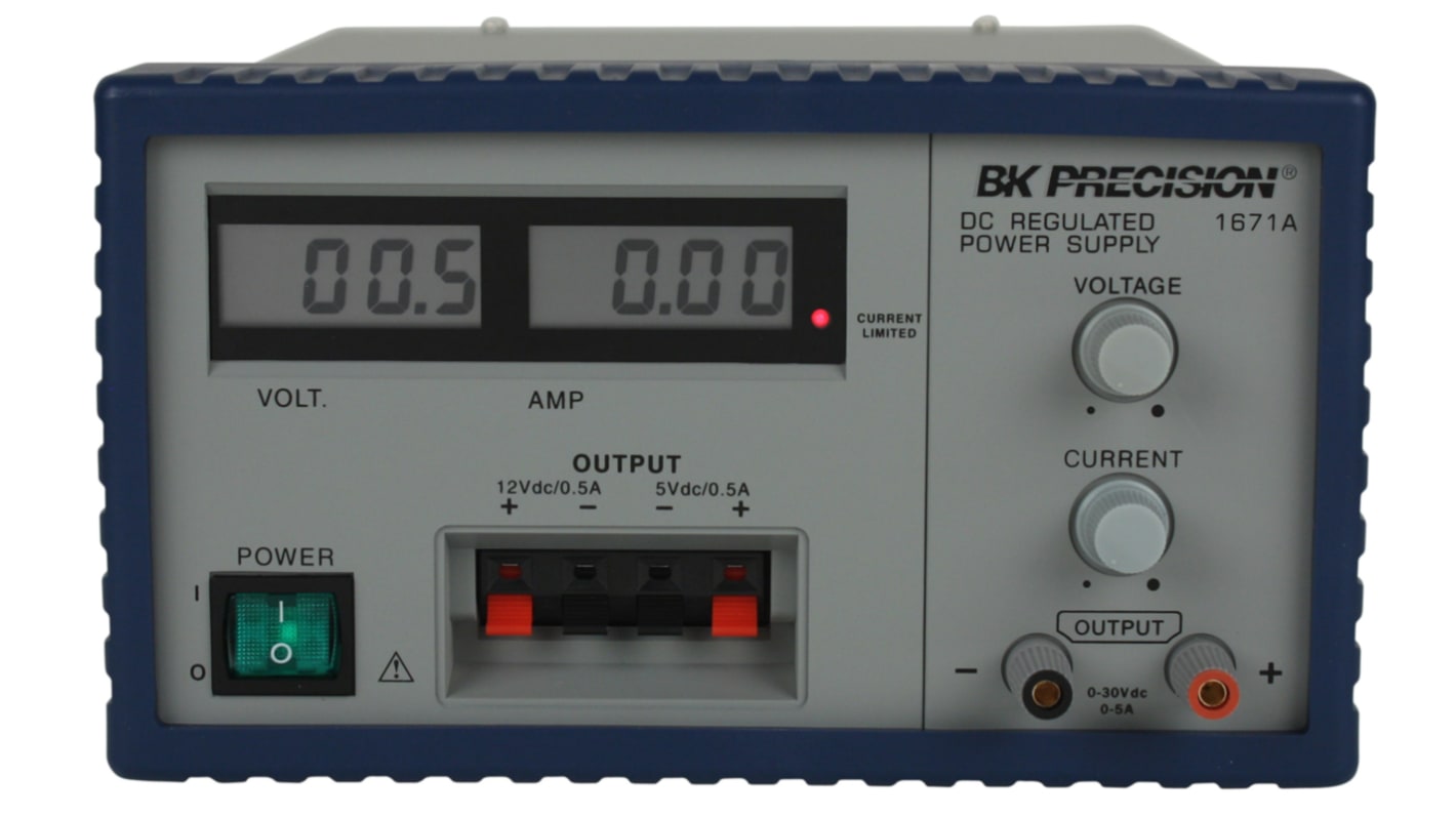 Fuente de alimentación BK Precision BK1671A, calibrado UKAS, 3 salidas, 5V, 0 → 5 A, 2 x 0 → 500mA, 158W