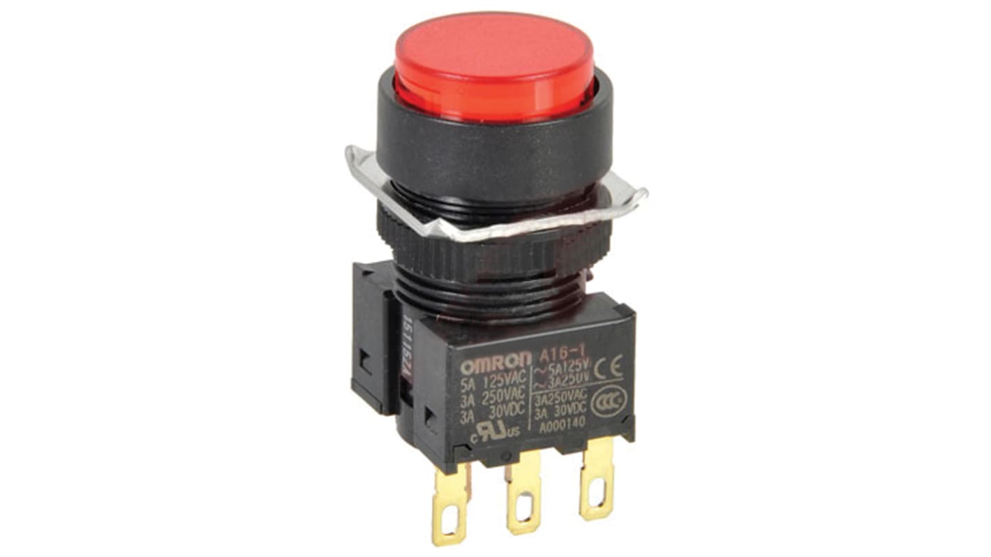 Omron A16 Series Push Button, Panel Mount, 16mm Cutout, SPDT, IP40