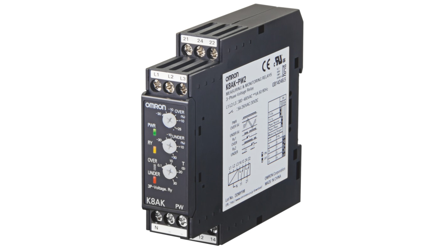Relè di monitoraggio Tensione Omron K8AKPW2380480VAC serie K8AK-PW, SPDT