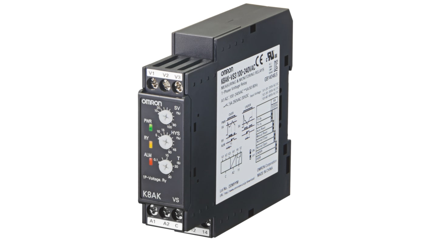 Omron K8AK-VS Überwachungsrelais 1 → 10 V ac/dc, 15 → 150 V ac/dc, 3 → 30V ac/dc 1-phasig,