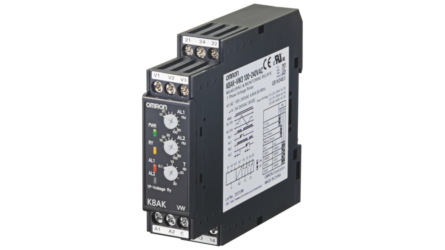 Omron K8AK-VW Überwachungsrelais 1 → 10 V ac/dc, 15 → 150 V ac/dc, 3 → 30V ac/dc 1-phasig,