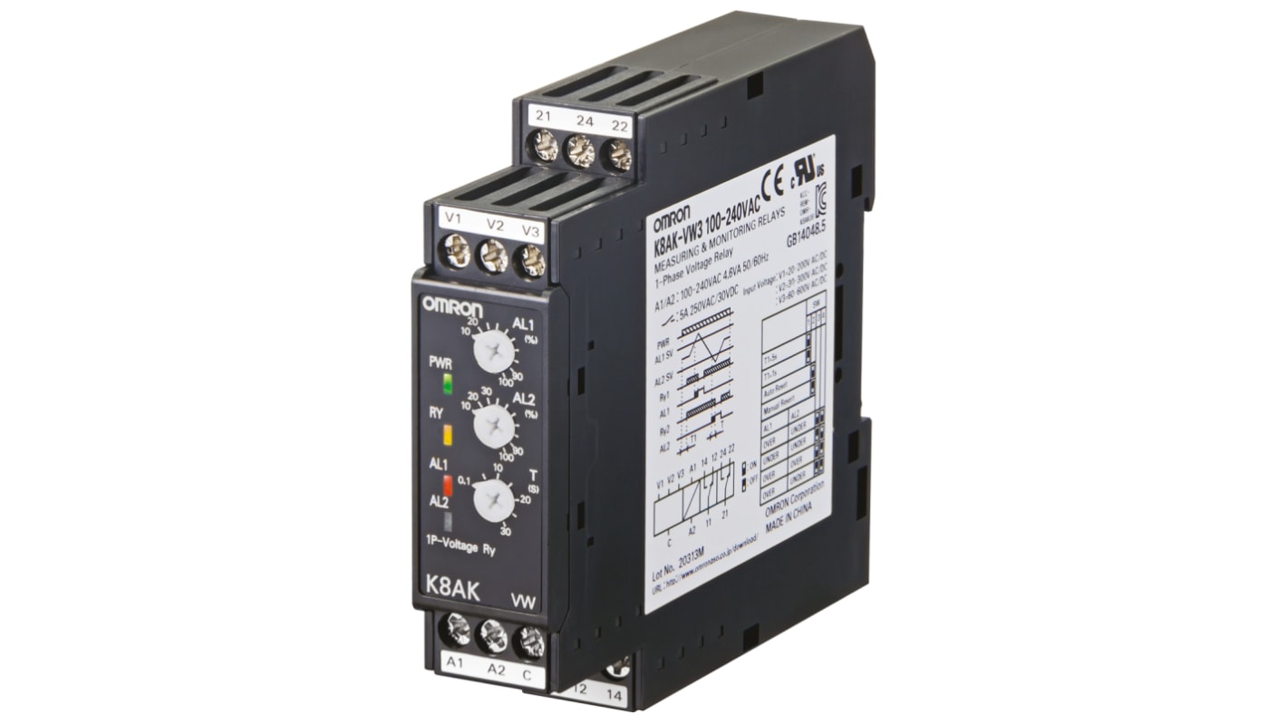 K8AKVW3 24VAC/DC Omron Voltage Monitoring Relay, 1 Phase, SPDT, 20 →