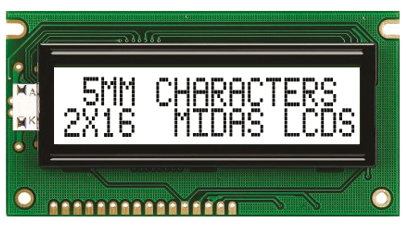 Midas MC21605A6W-FPTLW Alphanumeric LCD Display White, 2 Rows by 16 Characters, Transflective